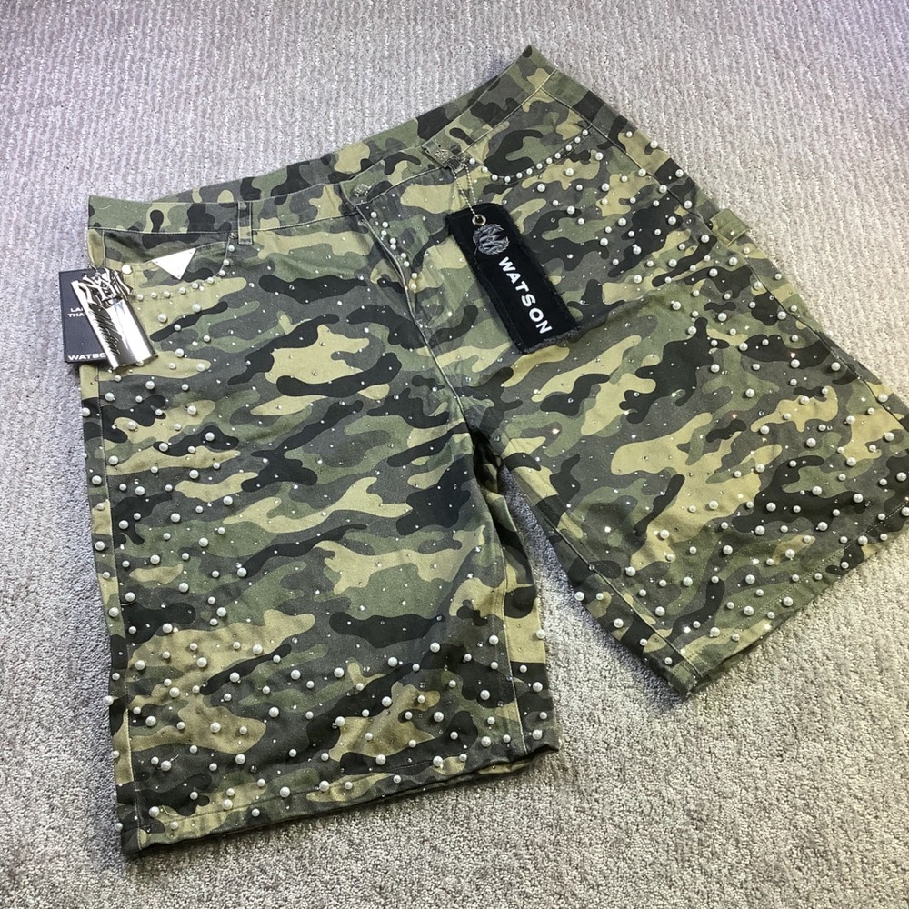 Watson Pearl Camo Rhinestone Denim Shorts Green Mens Size 42 NWT